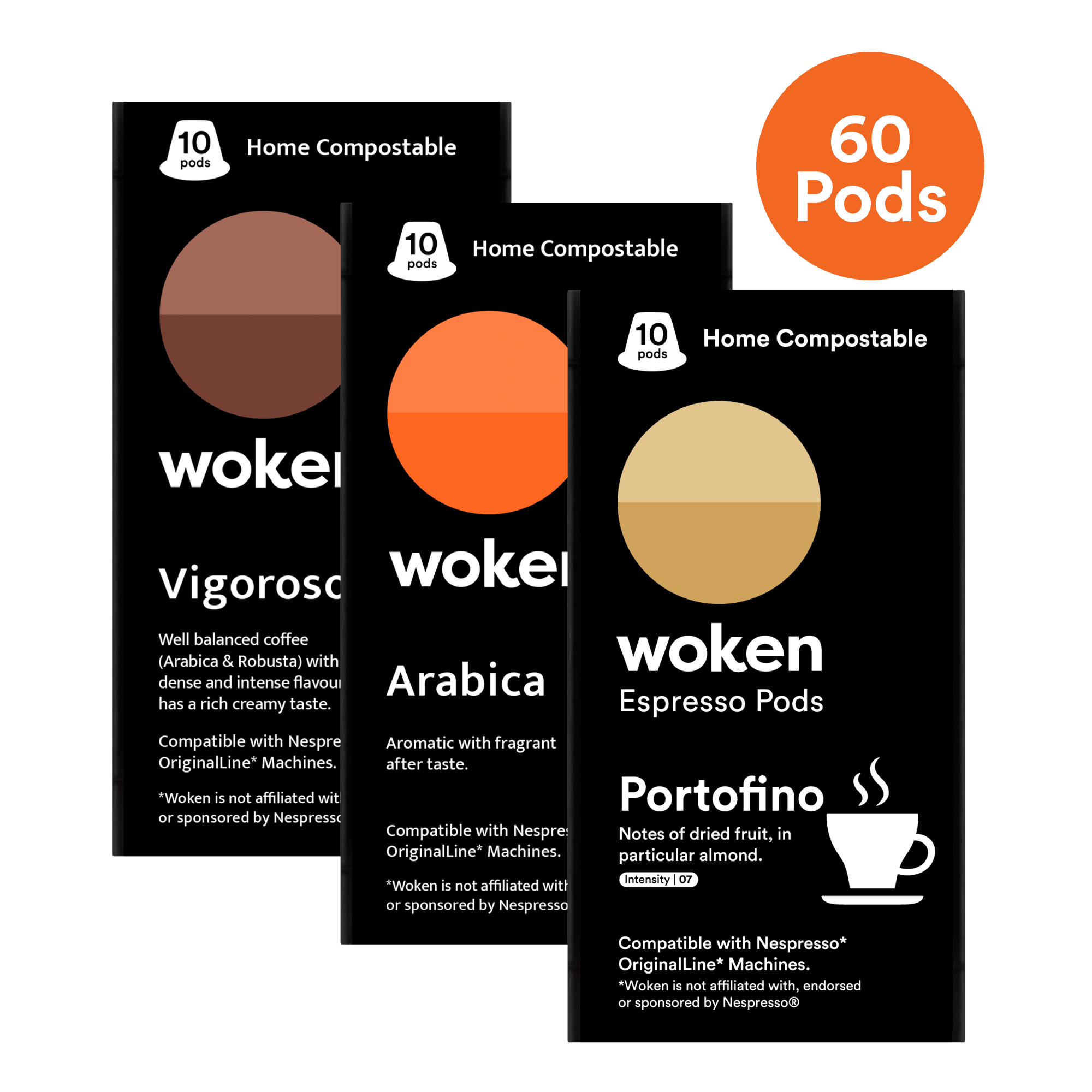 Woken Woken Mix 60 Pack Nespresso Orginalline Compostable Coffee Pods Eco-friendly nespresso pods Biodegradable coffee pods